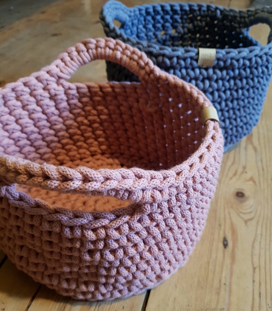 Large Crochet Basket with Handles, 16 Colour Choices, Recycled Cord, Storage