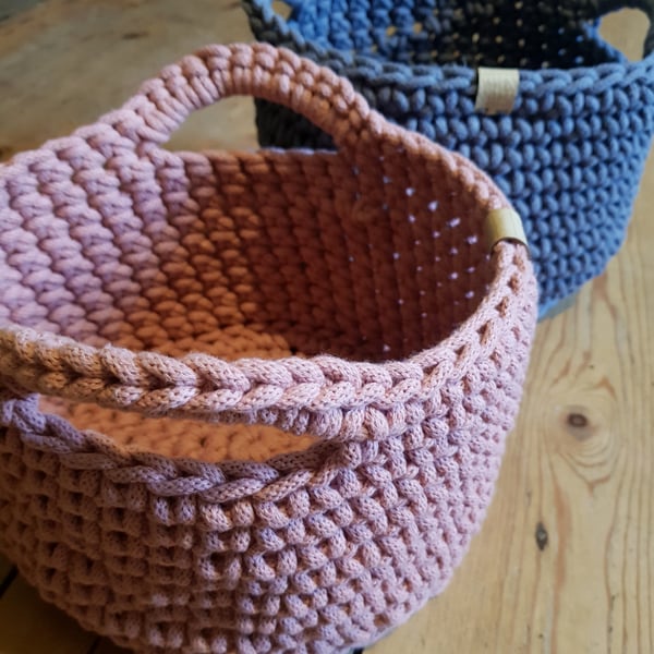Large Crochet Basket with Handles, 16 Colour Choices, Recycled Cord, Storage