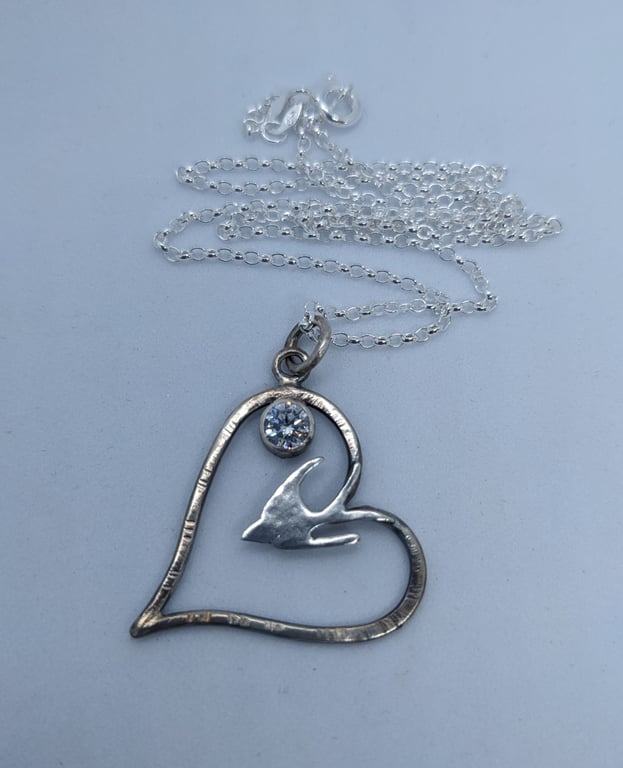 Silver swallow pendant, Sterling silver heart necklace, Bird watcher gift
