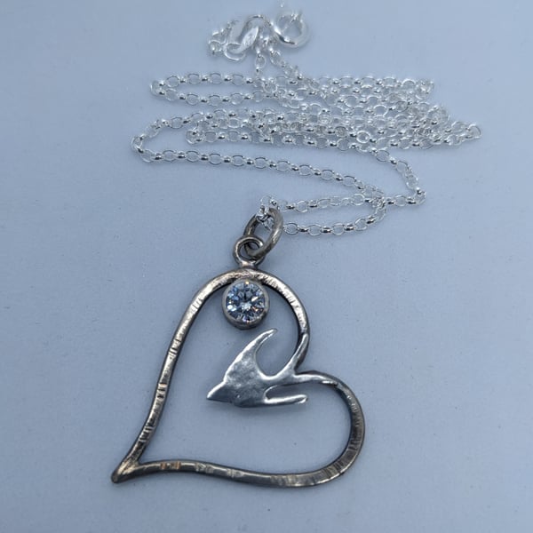 Silver swallow pendant, Sterling silver heart necklace, Bird watcher gift