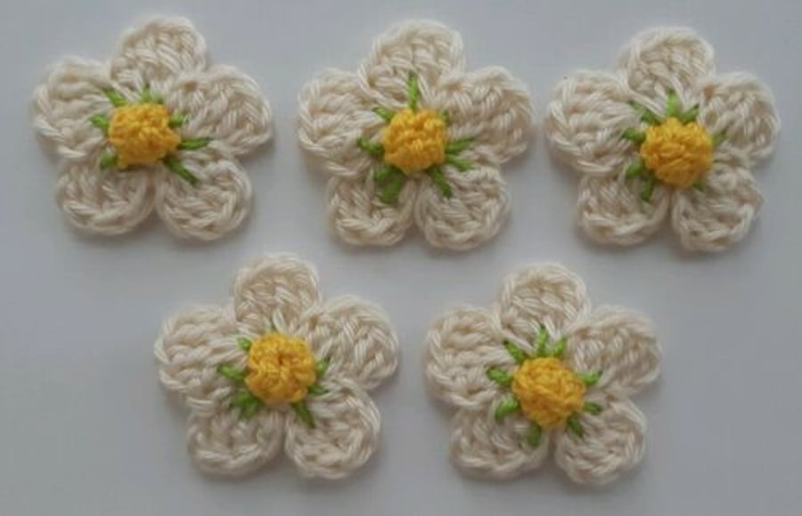Set of 5 Cotton Wool Crochet Flowers- Crafts-Embellishments - Sewing