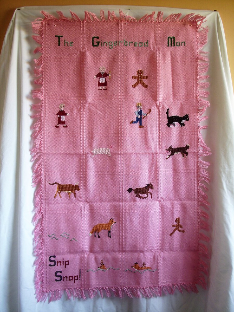 Shawl, cot blanket, 'The Gingerbread Man', hand embroidered, cross stitch