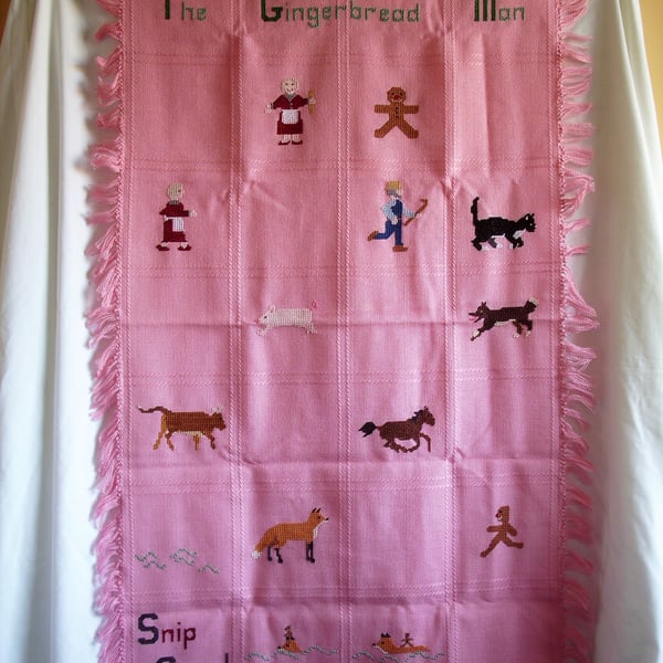 Shawl, cot blanket, 'The Gingerbread Man', hand embroidered, cross stitch