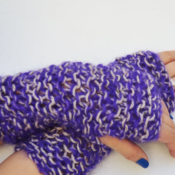 Fingerless Gloves knitted, Beige and Purple Mohair