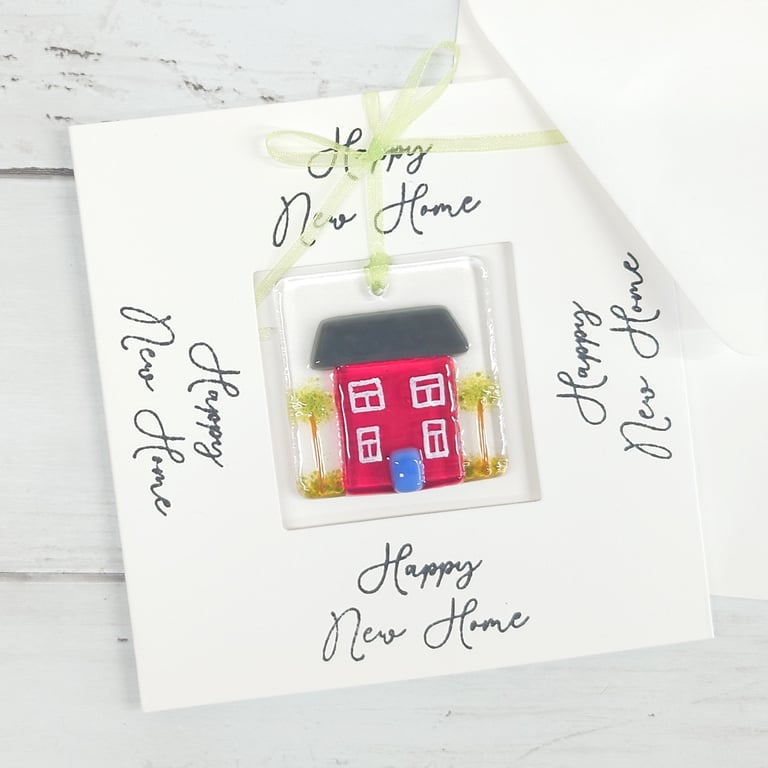 Happy New Home Card with Fused Glass Keepsake; Fun Fused Glass House