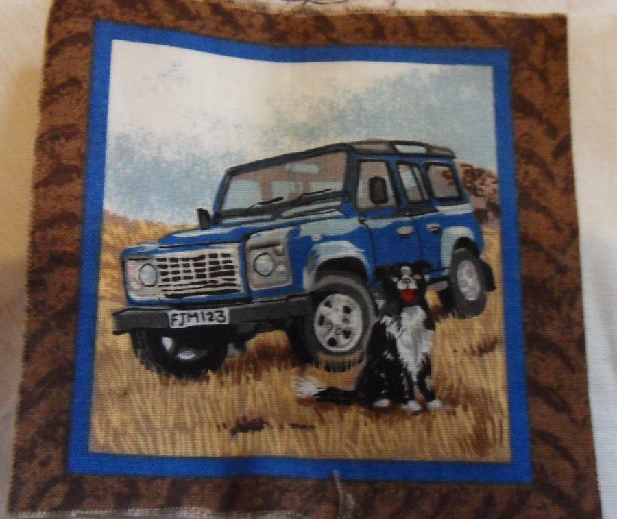 100% cotton fabric squares. Blue landrover,dog (94)