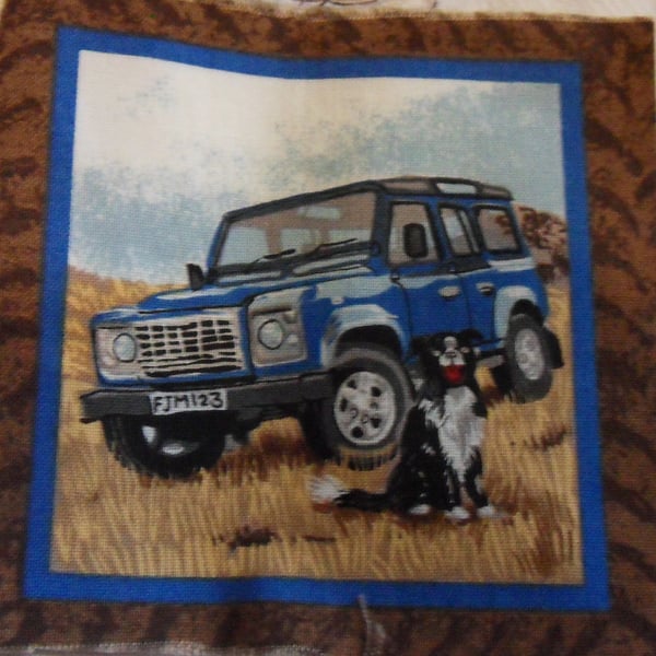 100% cotton fabric squares. Blue landrover,dog (94)