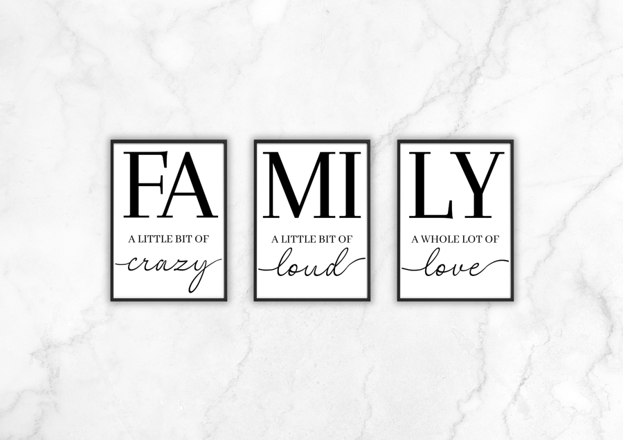 Set of 3 Family Prints, Word Art Print, Typography Print