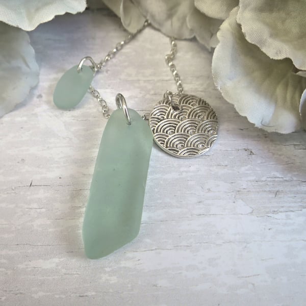 Light Teal Blue Sea Glass Pendant - Fine Silver Necklace