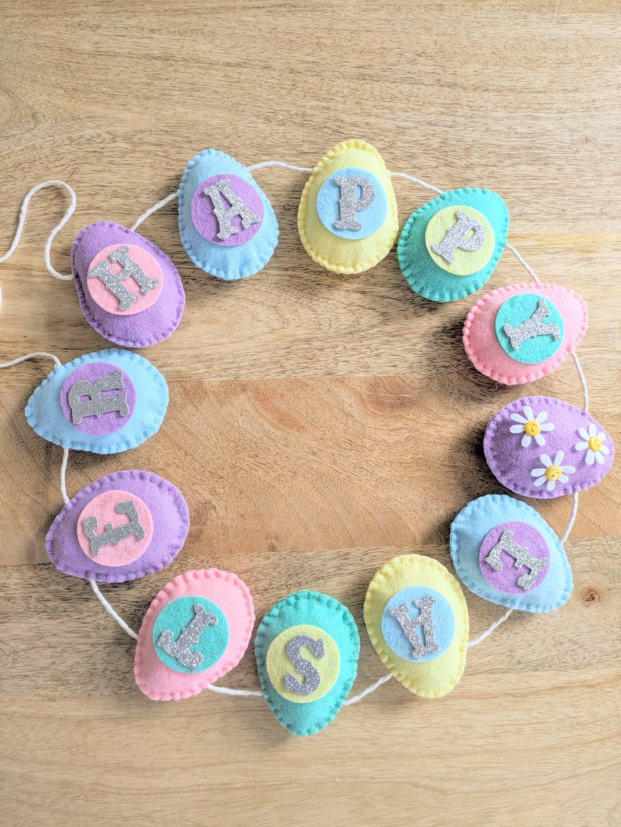 Happy Easter garland handmade from wool blend felt in pastel colours