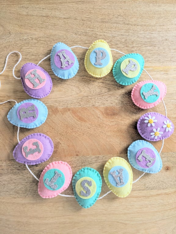 Happy Easter garland handmade from wool blend felt in pastel colours