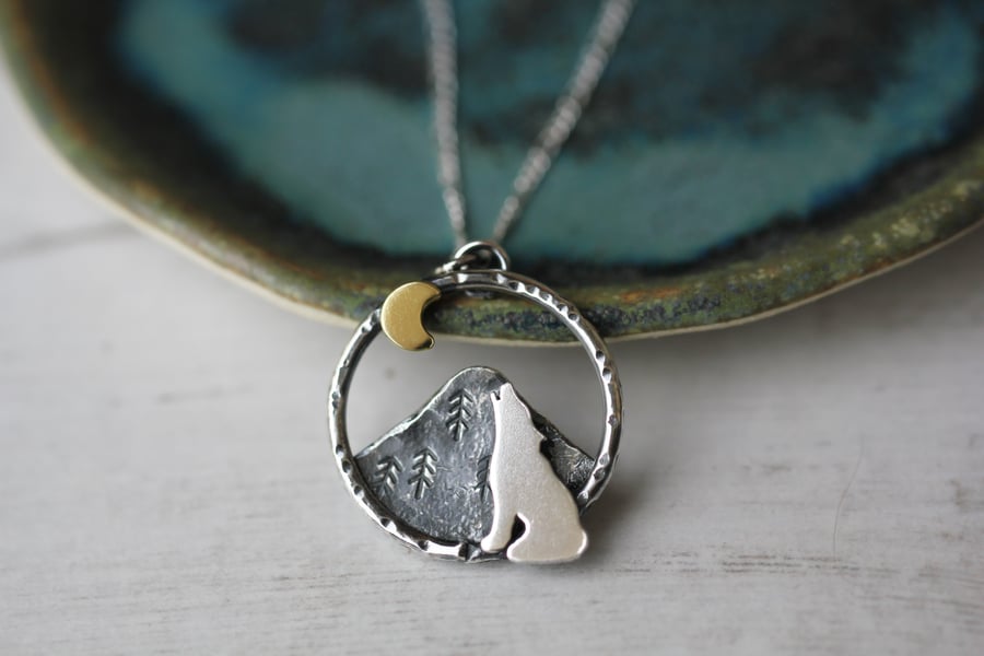 Howling wolf necklace - sterling silver, brass