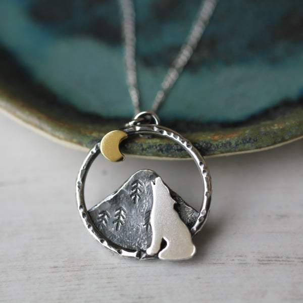 Howling wolf necklace - sterling silver, brass