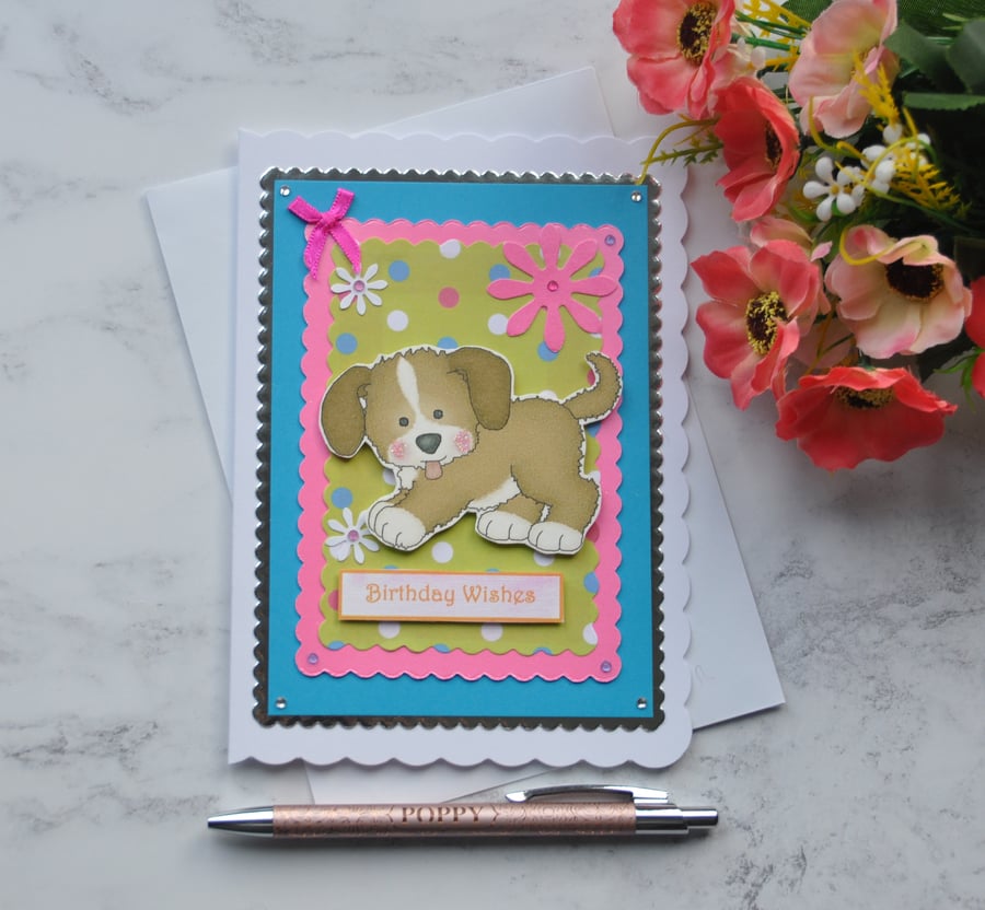 Dog Card Birthday Wishes Brown White Puppy Dog Pink Flowers Blue