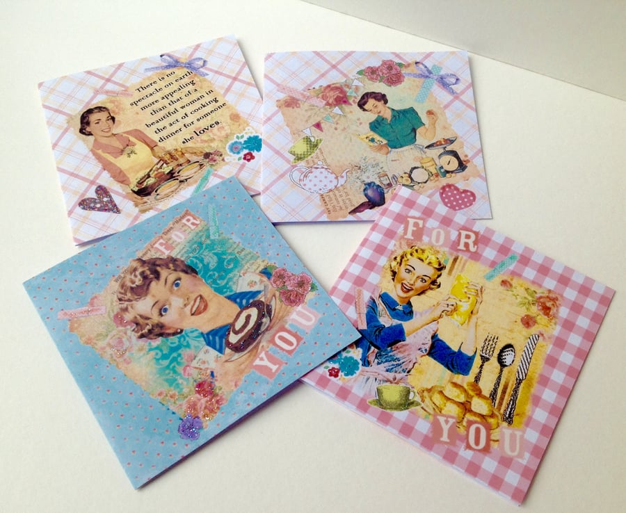 Handmade Notecards,Set of Four,Retro 50s Theme,Can Be Personalised 