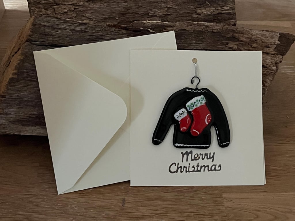 Handmade Detachable Keepsake, Fused Glass Christmas Jumper Christmas Card