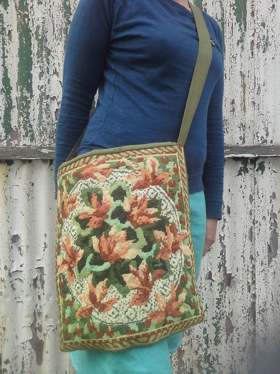 tapestry bag brown and green patten