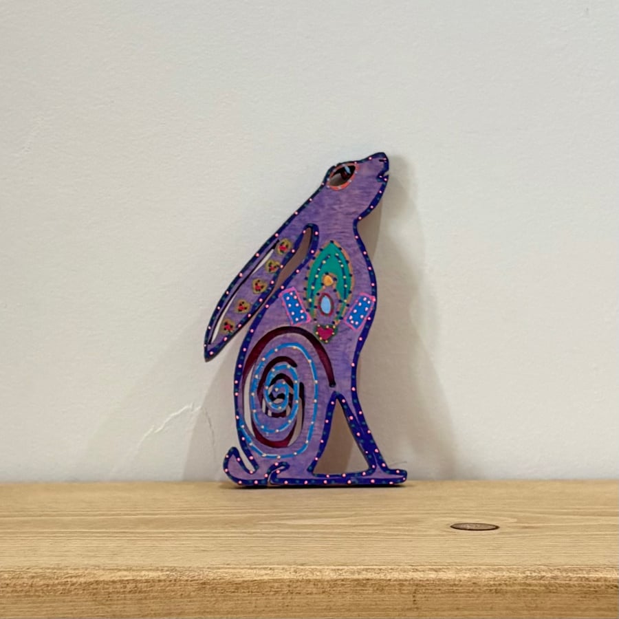 Hanging or shelf decoration - folk art style hand painted sitting hare