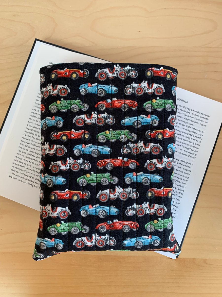 Vintage Formula One Racing Cars Print Quilted Fabric Book Sleeve - Hardback Size