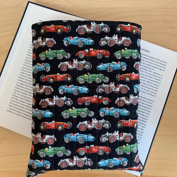 Vintage Formula One Racing Cars Print Quilted Fabric Book Sleeve - Hardback Size