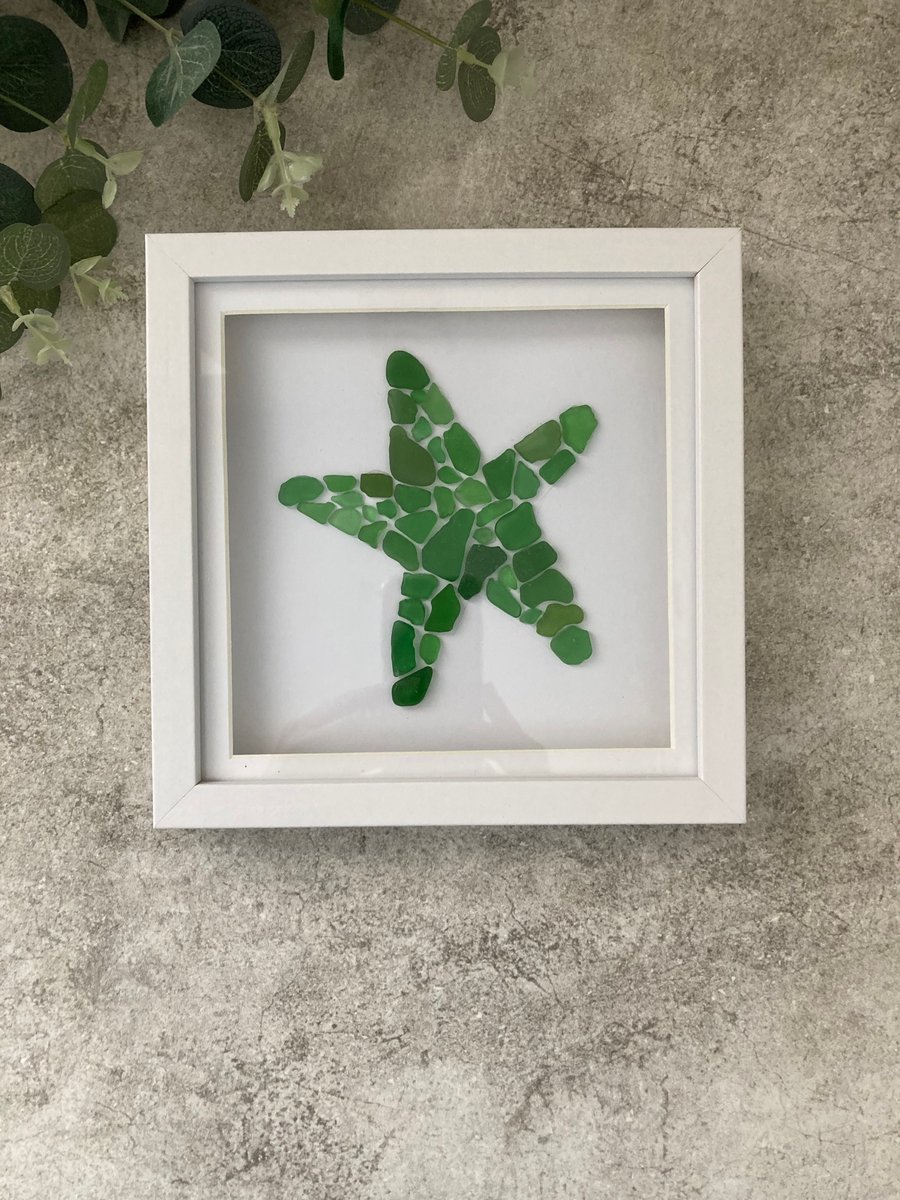 Sea Glass Starfish Art: White Shadow Box Frame, Green Mix - Coastal home decor