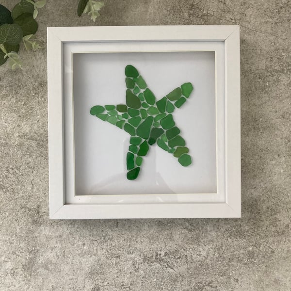 Sea Glass Starfish Art: White Shadow Box Frame, Green Mix - Coastal home decor