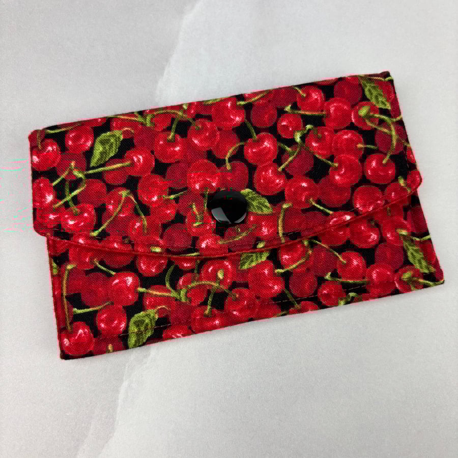Cherries card case, Cherry travel pass holder, Handmade