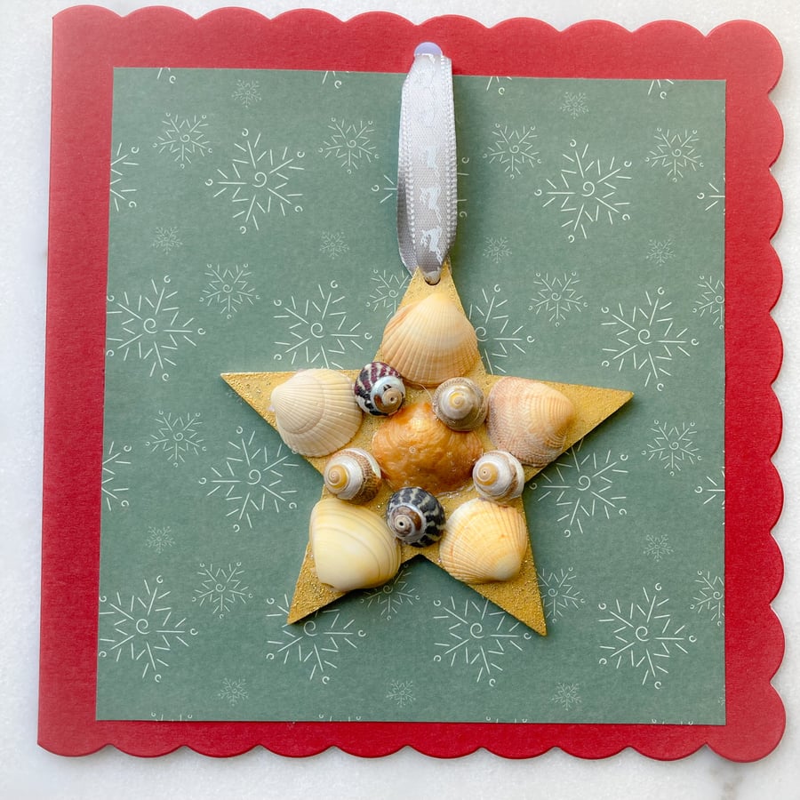 Christmas card with removable decoration, made with shells from Cornwall 