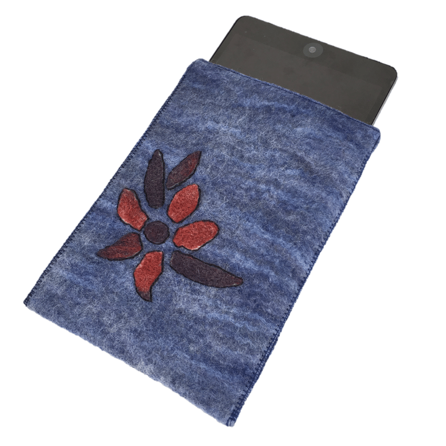 iPad mini case, hand felted in blue with floral design