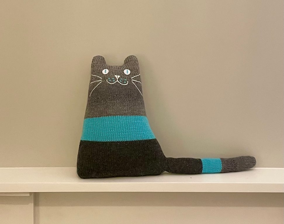 Blue  turquoise and grey knitted cat cushion,  kitten  shaped  cusion 