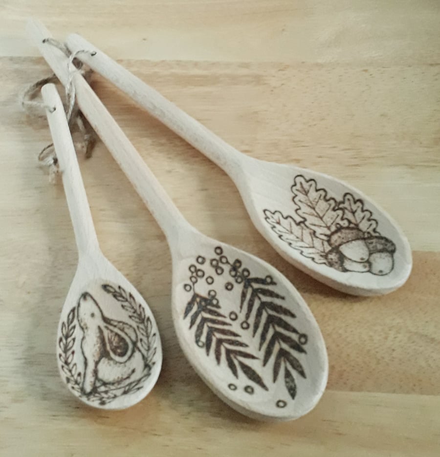 Three pyrography hare, rowan & oak wooden spoons
