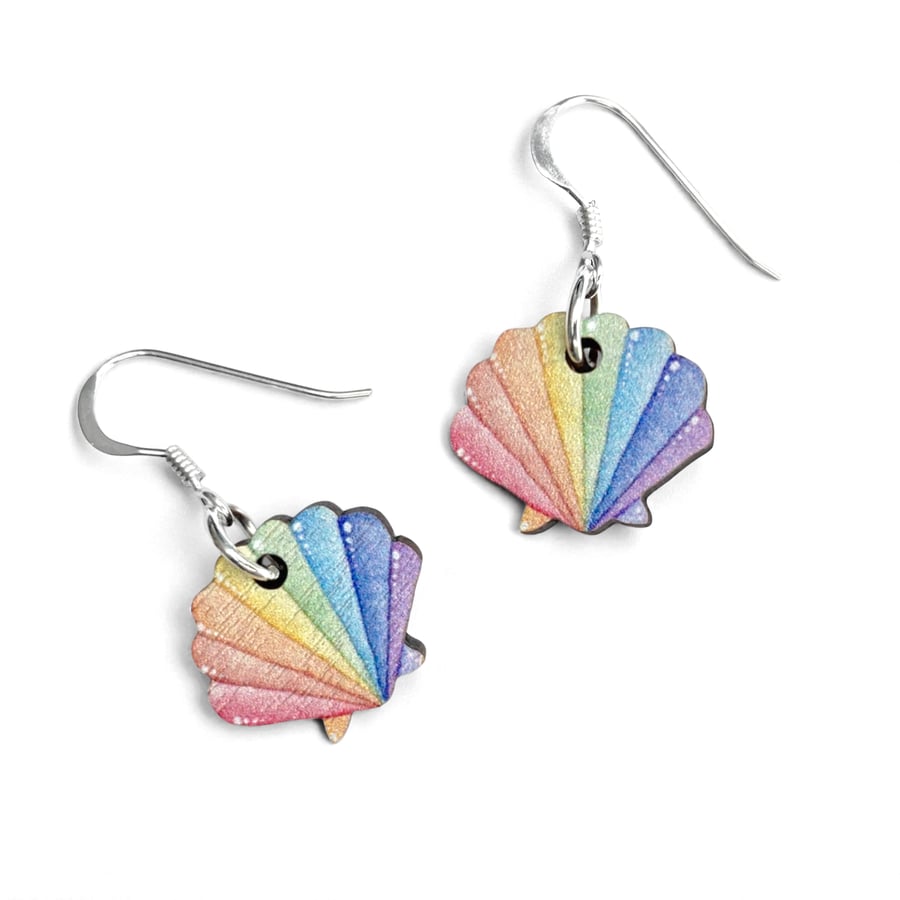 Scallop Shell Earrings. Dangly Wooden and Sterling Silver LGBTQ Pride Jewellery.