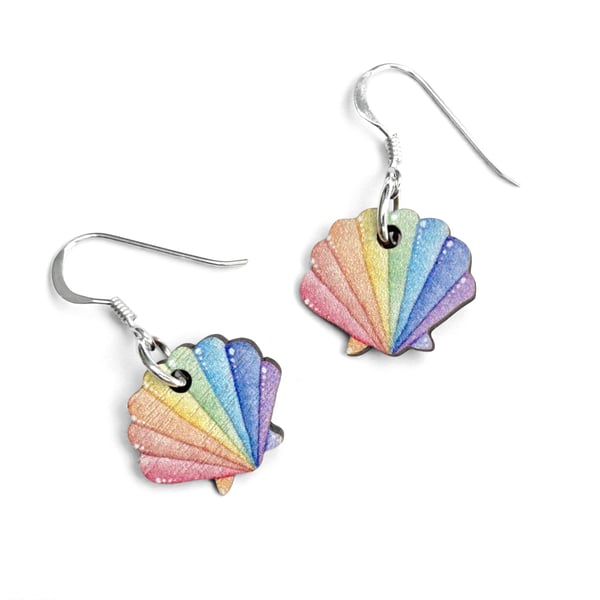 Scallop Shell Earrings. Dangly Wooden and Sterling Silver LGBTQ Pride Jewellery.