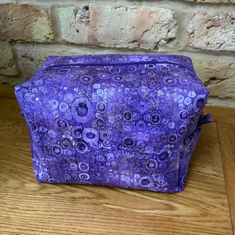 Purple Circles Quilted Fabric Box Shape Wash Bag