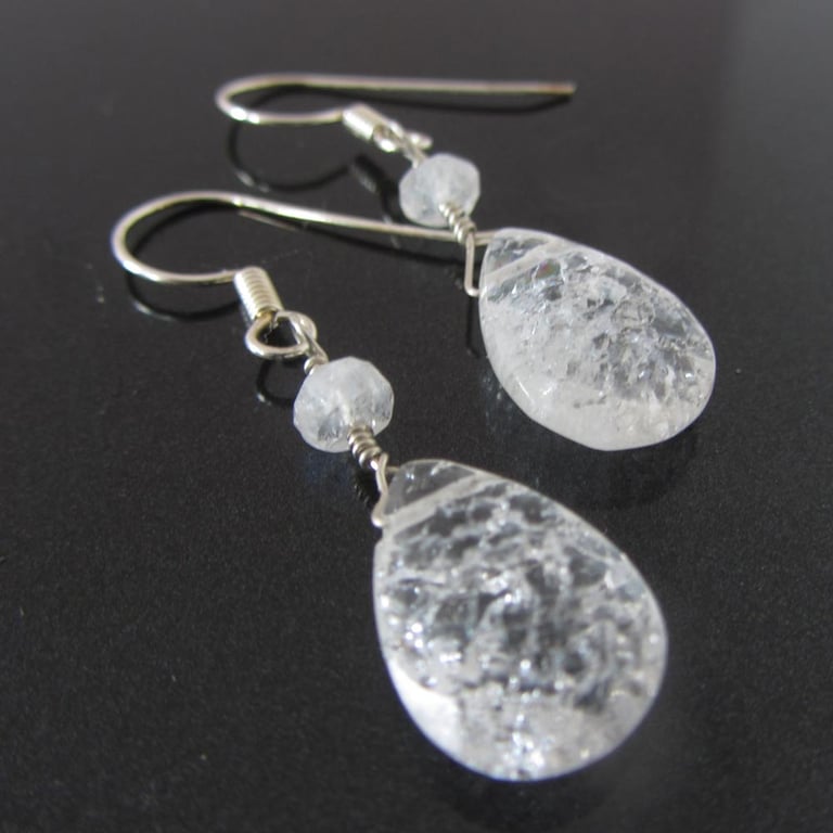 Icy queen Crackled quartz teardrop earrings in 925 silver rock crystal gemstones