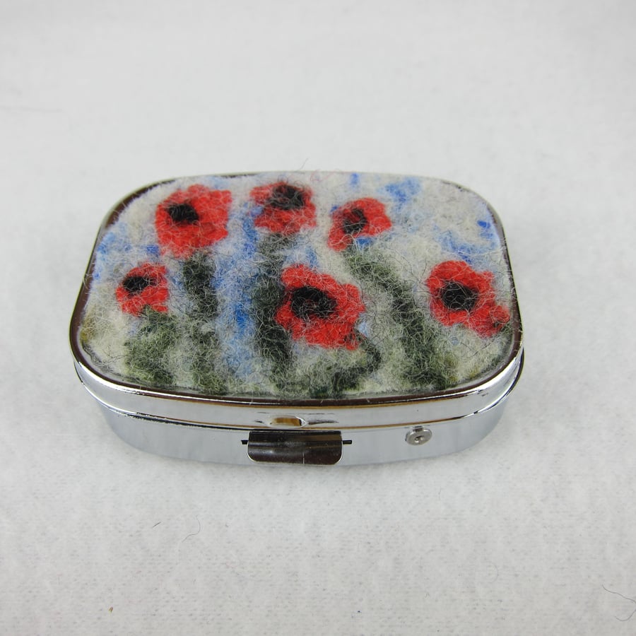 Rectangular pill box or trinket box with hand felted poppy design