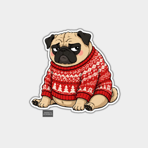 Unique Funny Christmas Sticker Xmas Decal - Grumpy Pug Dog In Festive Jumper