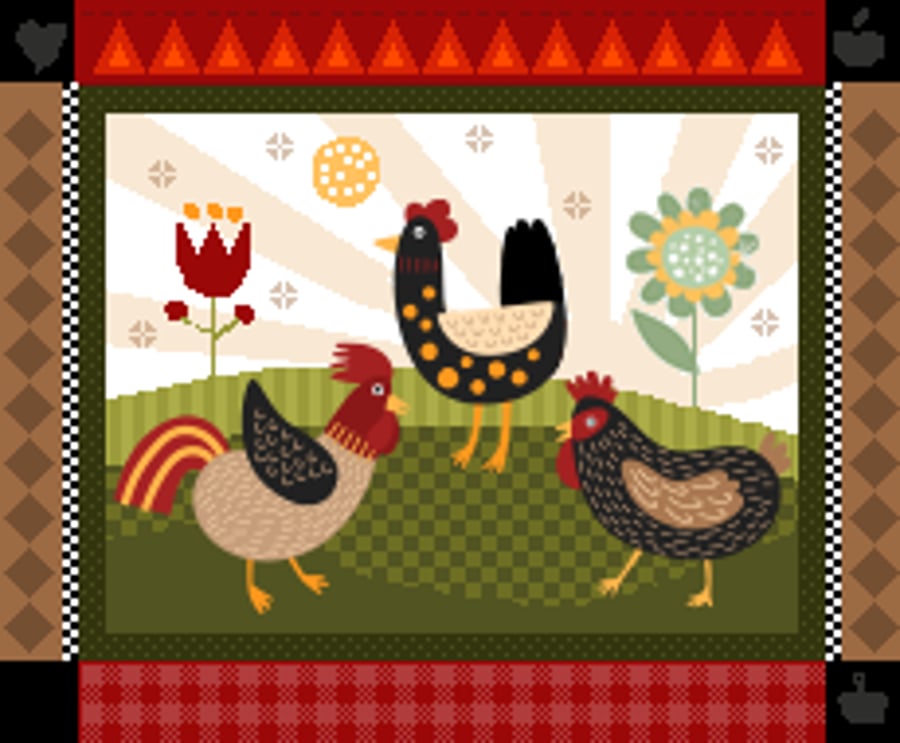 185 - Americana Primitive Folk Art Chickens and Flowers, kitchen count cross sti