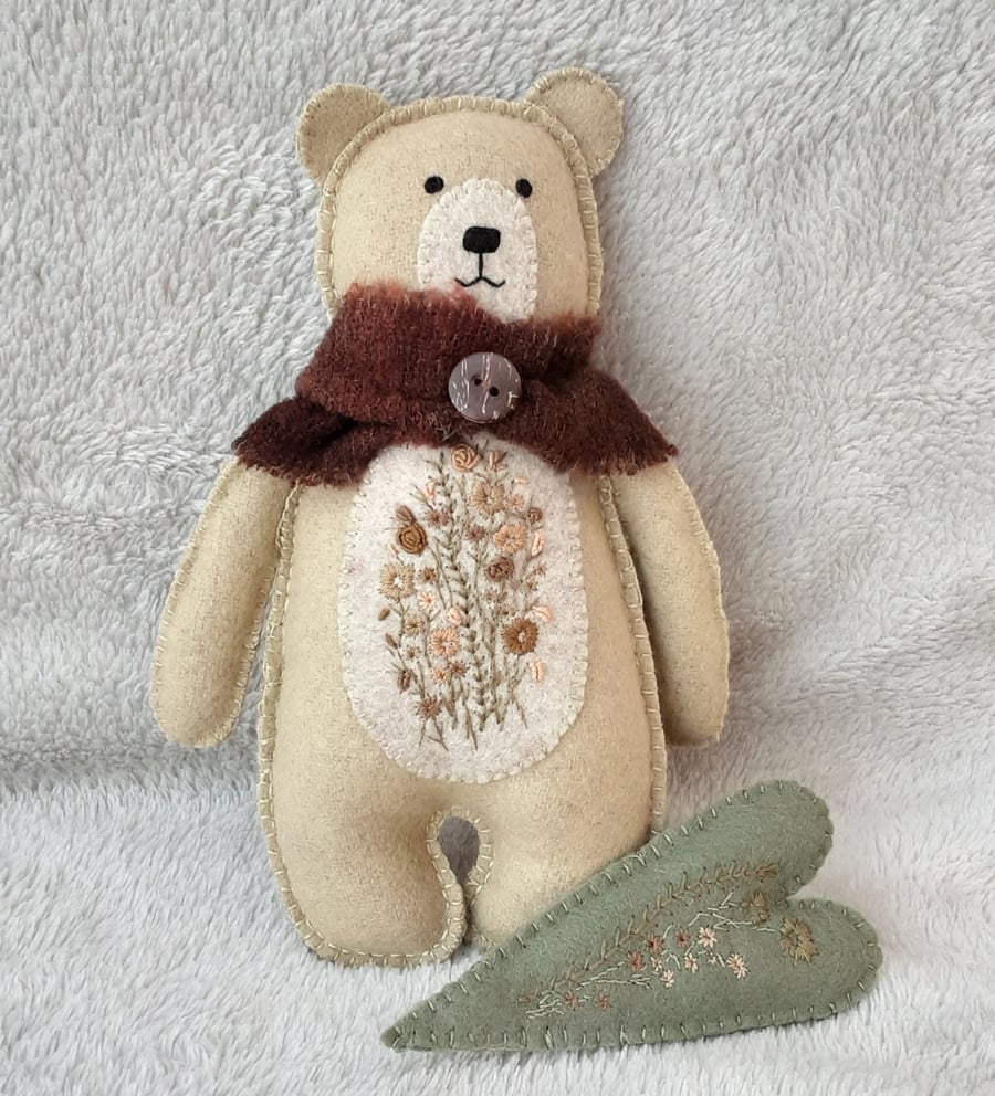 Sale, Hand Embroidered Soft Green Wool Teddy Bear & heart, handmade gift