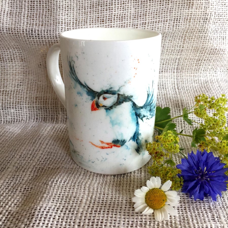 Puffin Watercolour Bone China Mug, 10 oz China Cup, Wildlife Art Mug 