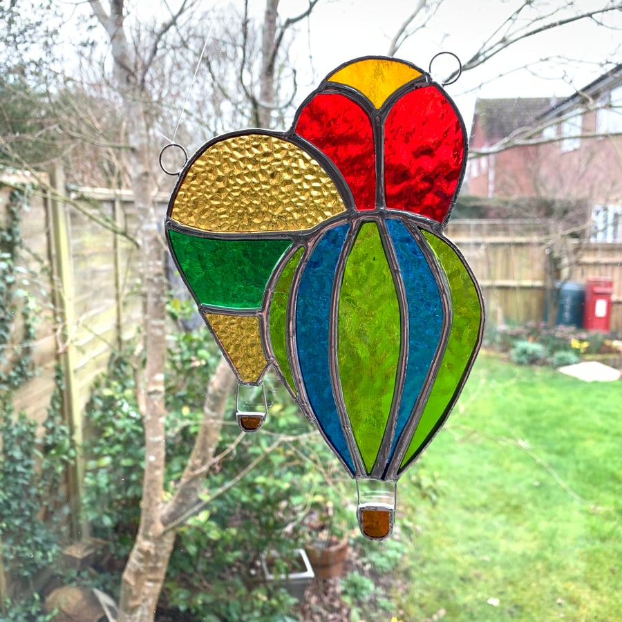 Stained Glass Hot Air Balloons Suncatcher - Handmade Decoration - Blue Green Red