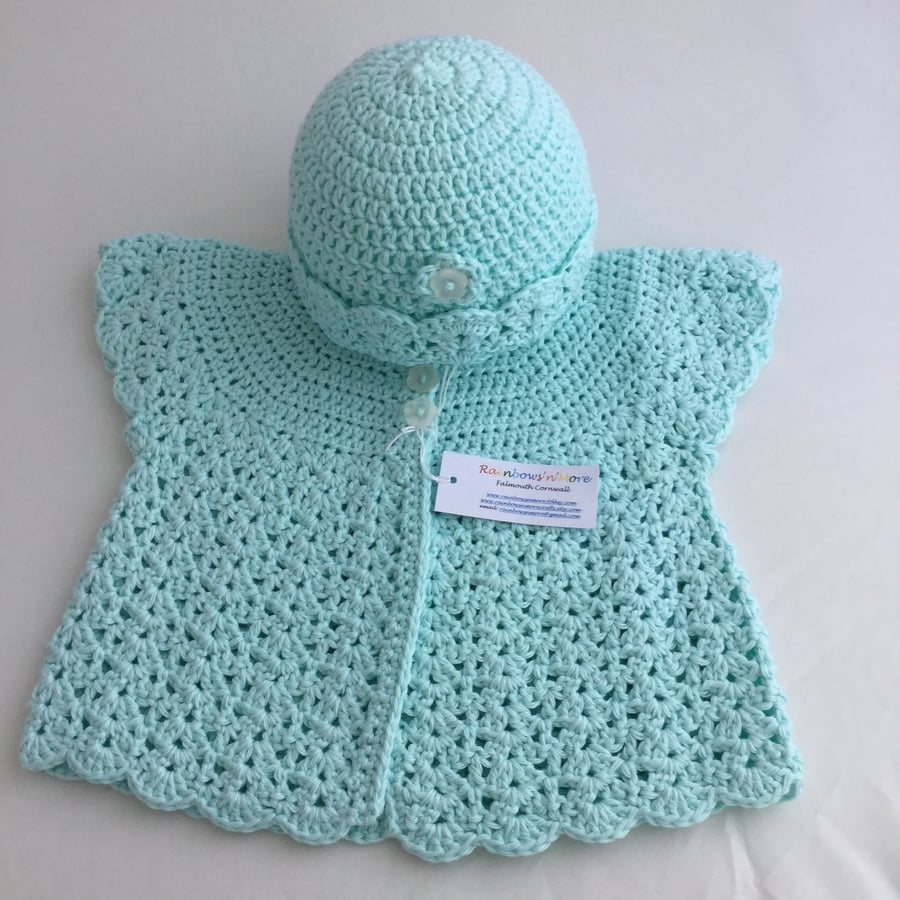 Crochet Sleeveless Baby Cardigan and Hat in Mint 