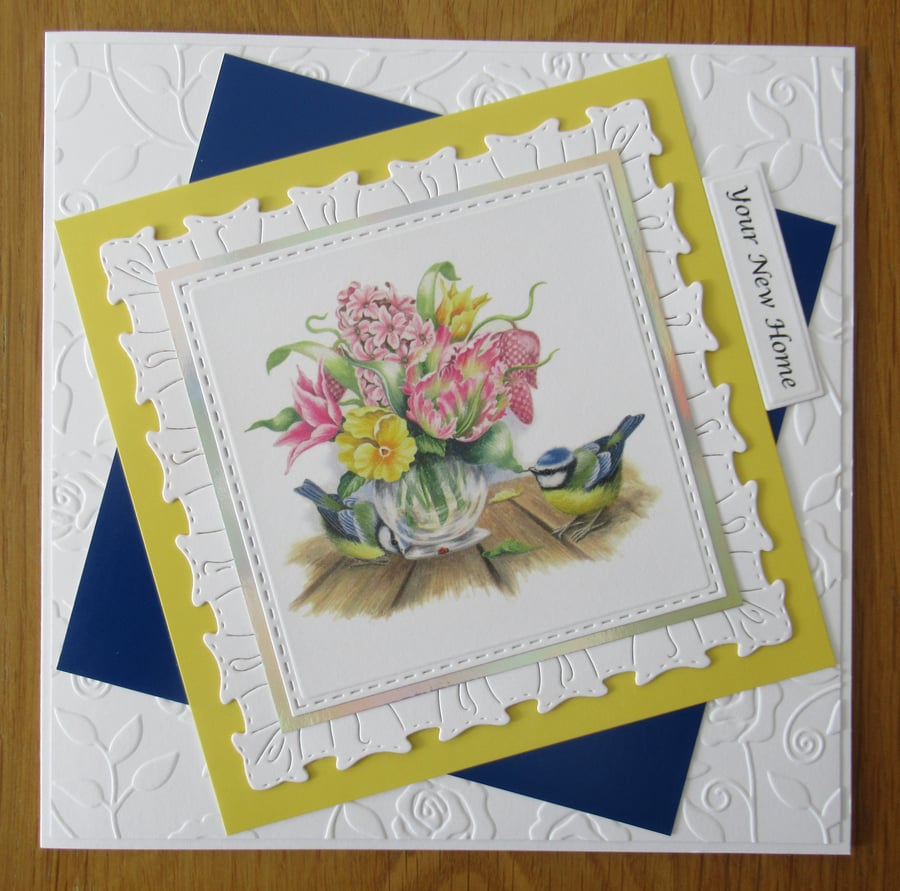 7x7" Bluetits & Flowers on Table - New Home Card