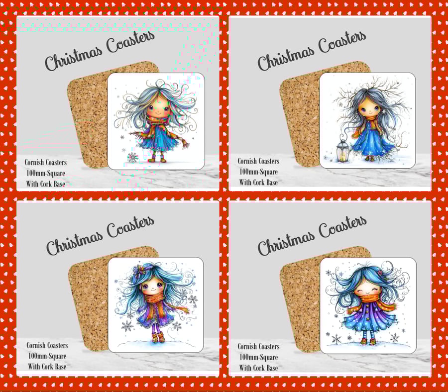 Set of 4 Frosty Christmas Coasters  100mm (4" ) Square With Cork Base. Design 4