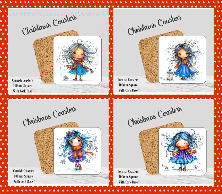 Set of 4 Frosty Christmas Coasters  100mm (4" ) Square With Cork Base. Design 4