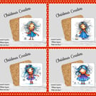 Set of 4 Frosty Christmas Coasters  100mm (4" ) Square With Cork Base. Design 4