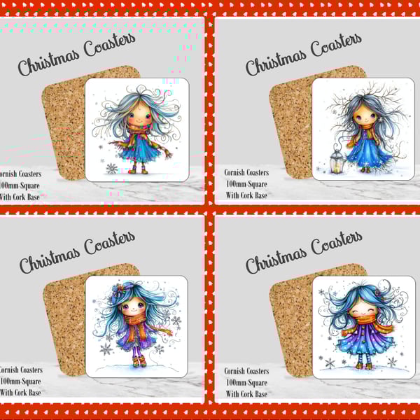 Set of 4 Frosty Christmas Coasters  100mm (4" ) Square With Cork Base. Design 4