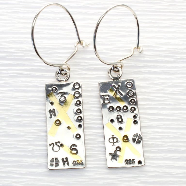 Handmade contemporary silver and gold earrings, Keum boo technique