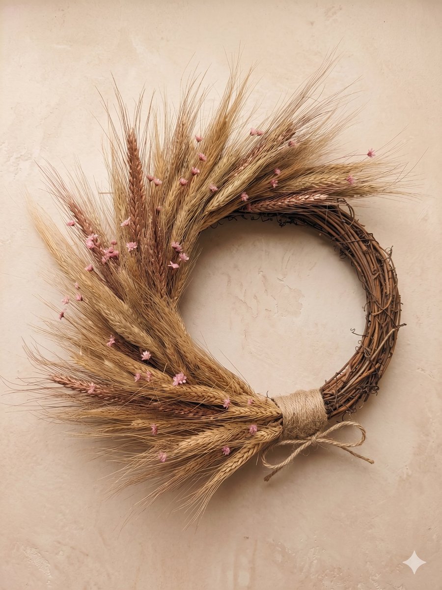 Dried Wheat and Pink Starflower Wreath