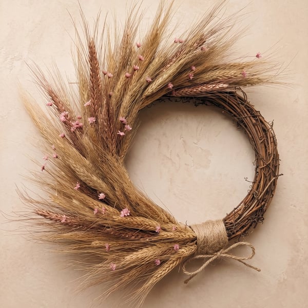Dried Wheat and Pink Starflower Wreath